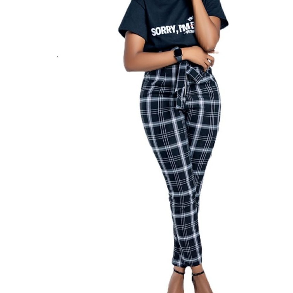 Womens Black White Plaid Paperbag Waist High Rise Skinny Belted Pants Plus